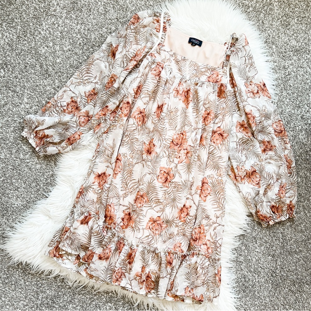 GIGIO Floral Puff Sleeve Babydoll Mini Dress Cream Brown Size M